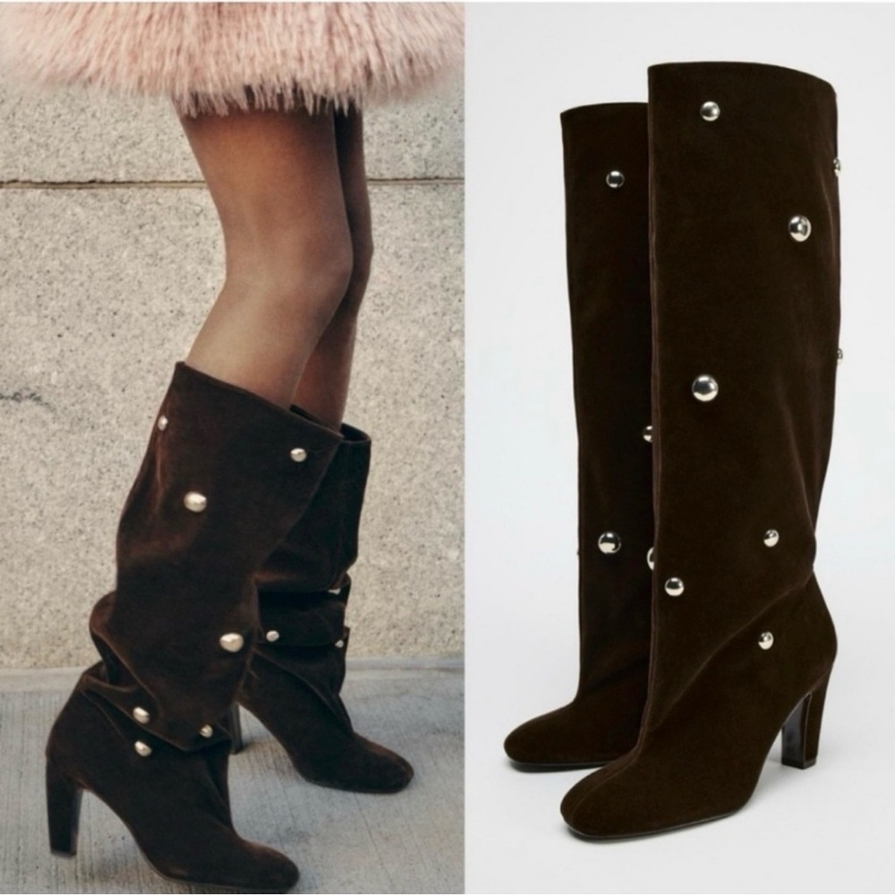 Zara Dark Brown Heeled Boots with Silver Accents